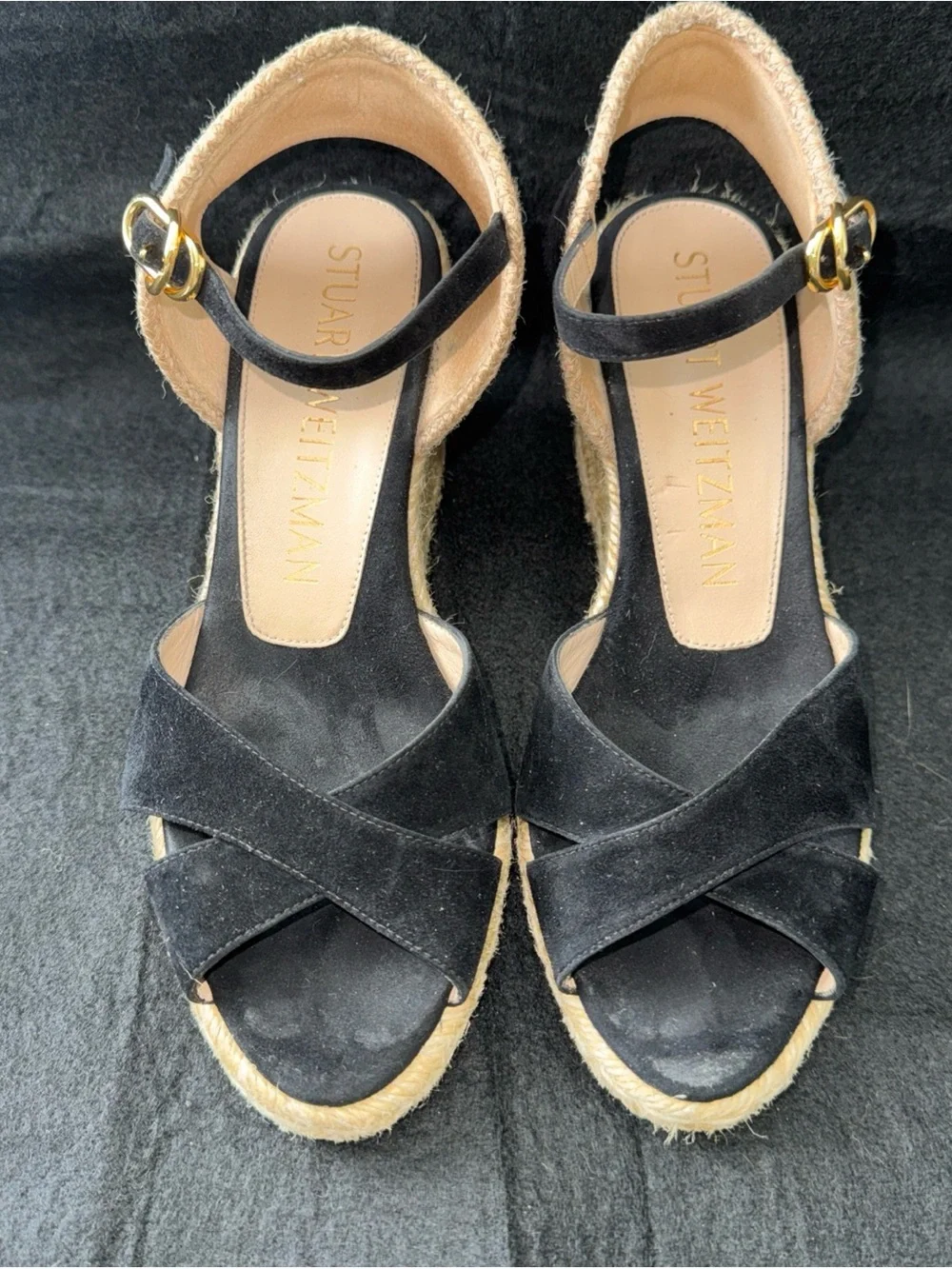 Stuart Weitzman Black Suede Wrap Ankle Buckle Strap Espadrille Wedge Sandals 7